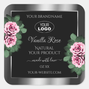Floral Pink Roses Silver Black Product Labels Logo