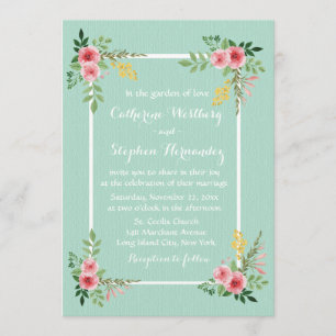 Floral Pink Roses Watercolor Mint Green Wedding Invitation