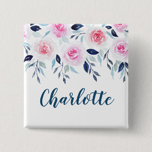 Floral Pink Roses Watercolor Personalised Name 15 Cm Square Badge