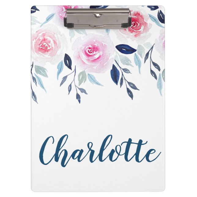 Floral Pink Roses Watercolor Personalised Name Clipboard (Front)