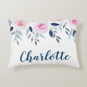 Floral Pink Roses Watercolor Personalised Name Decorative Cushion