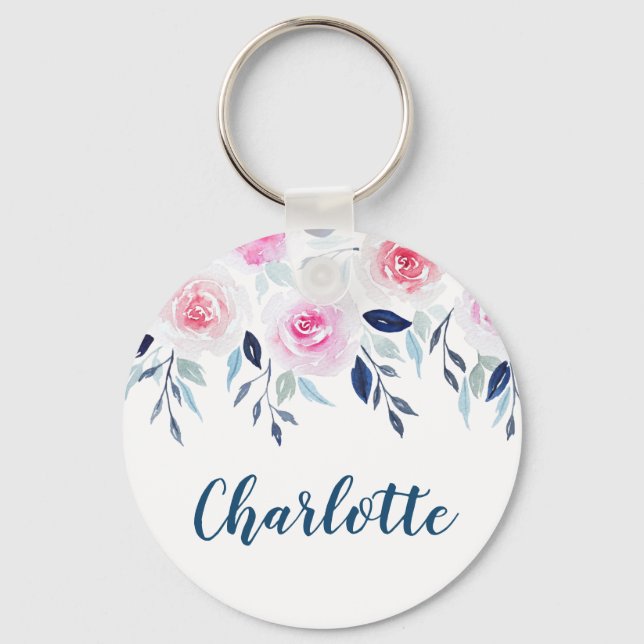 Floral Pink Roses Watercolor Personalised Name Key Ring (Front)