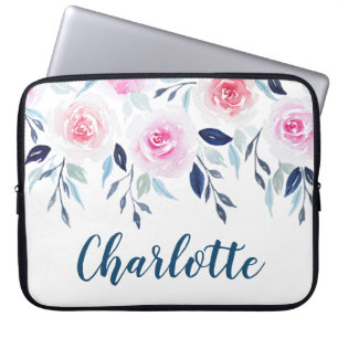 Floral Pink Roses Watercolor Personalised Name Laptop Sleeve
