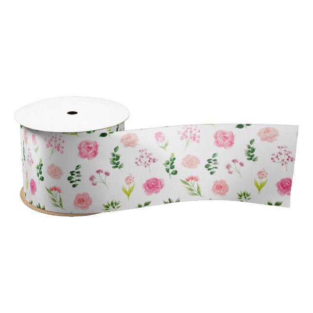 Floral Pink Roses with Foliage Satin Ribbon (Spool)