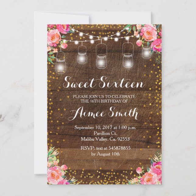 Floral pink rustic Sweet 16 Birthday Card (Front)
