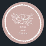 Floral Pink Scalloped Wedding Classic Round Sticker<br><div class="desc">White line art flower illustration with white text and hand drawn scalloped border over pink background.</div>