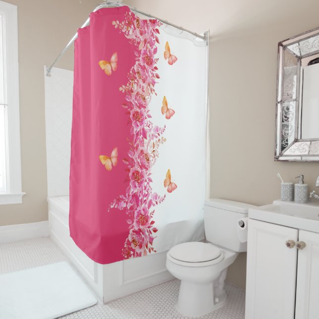 Floral Pink Shower Curtain with Graceful Butterfly (In Situ)