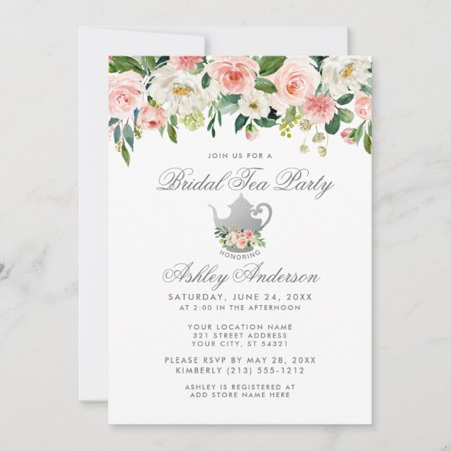 Floral Pink Silver Bridal Shower Tea Party Invite (Front)