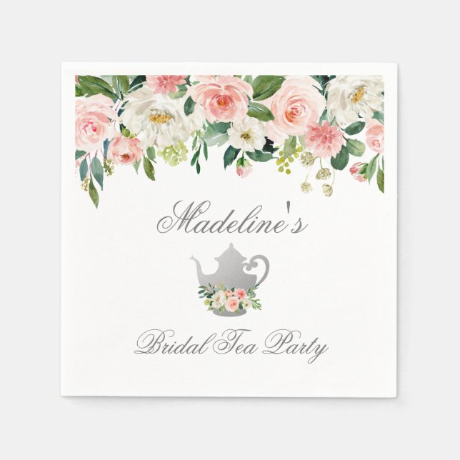 Floral Pink Silver Bridal Shower Tea Party Napkin (Front)