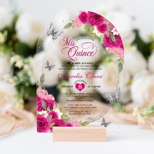 Floral Pink Silver Butterfly Quinceañera Arch Acrylic Invitations (Creator Uploaded)