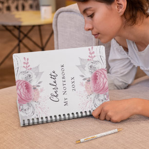 Floral pink silver foliage white name notebook