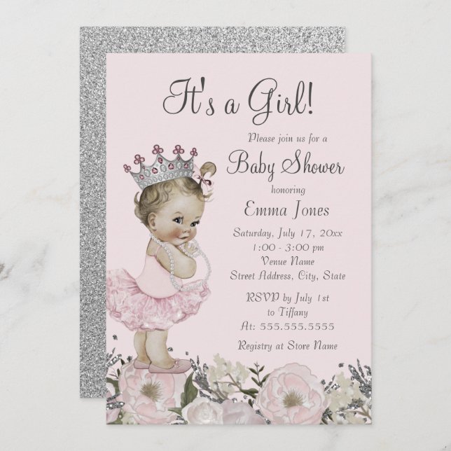 Floral Pink Silver Princess Baby Shower Invitation (Front/Back)