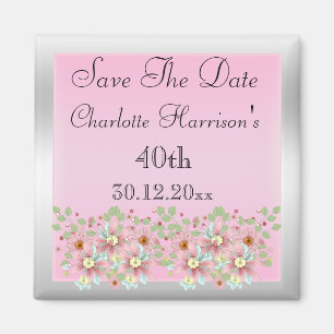 Floral Pink & Silver Save The Date 40th Magnet