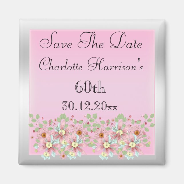 Floral Pink & Silver Save The Date 60th Magnet (Front)