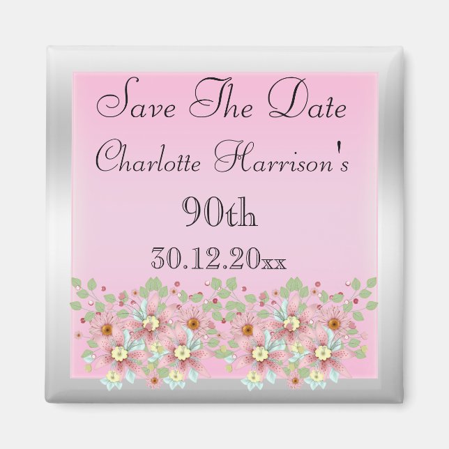 Floral Pink & Silver Save The Date 90th Magnet (Front)