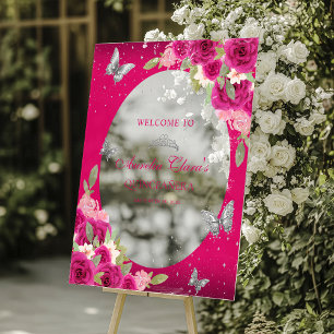 Floral Pink Silver Tiara Butterfly Quinceañera Acrylic Sign