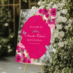 Floral Pink Silver Tiara Butterfly Quinceañera Acrylic Sign