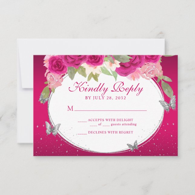 Floral Pink Silver Tiara Butterfly Quinceañera RSVP Card (Front)