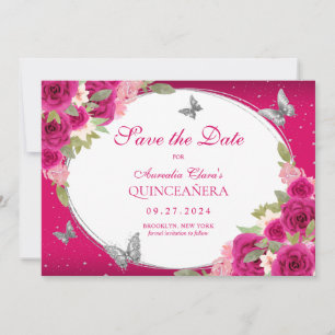 Floral Pink Silver Tiara Butterfly Quinceanera Save The Date