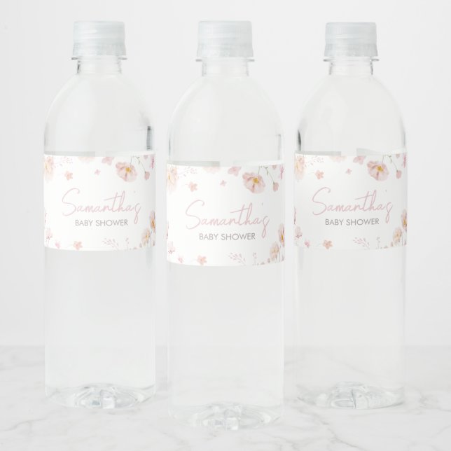 Floral Pink Spring Baby in Bloom Baby Shower Water Bottle Label (Bottles)