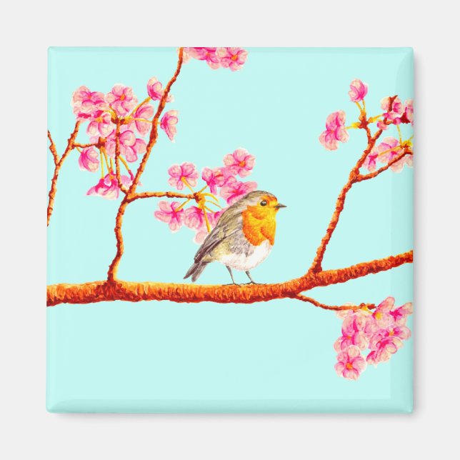 Floral Pink Spring Blossom Robin Bird Magnet (Front)