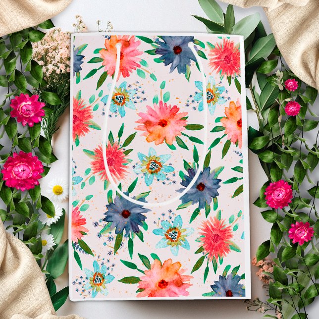 Floral Pink Spring Boho Gold Floral Wildflower Medium Gift Bag (Creator Uploaded)