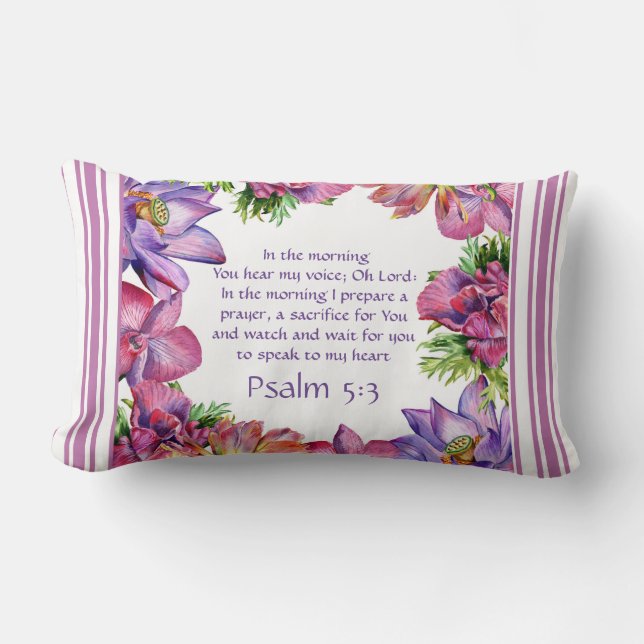 Floral Pink Stripe Pillow Psalm 5:3 Reversible (Front)