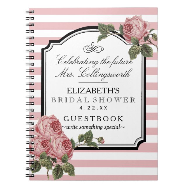 Floral Pink Stripes Girly Bridal Shower Guestbook Spiral Notebook (Front)