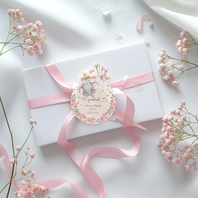 Floral pink sweet elephant baby girl shower  classic round sticker (Creator Uploaded)