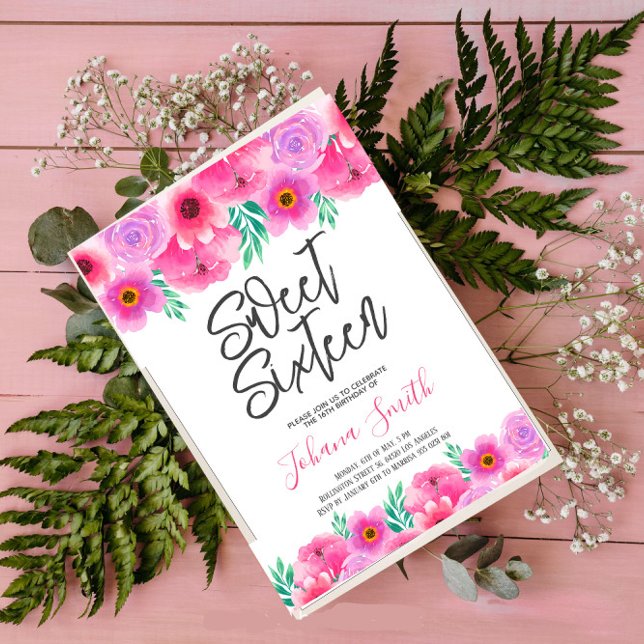 Floral Pink Sweet Sixteen Birthday Invitation (Creator Uploaded)