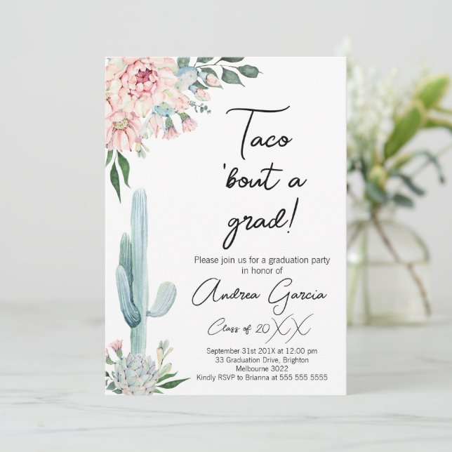 Floral Pink Taco Bout A Grad, Graduation Invitation (Standing Front)