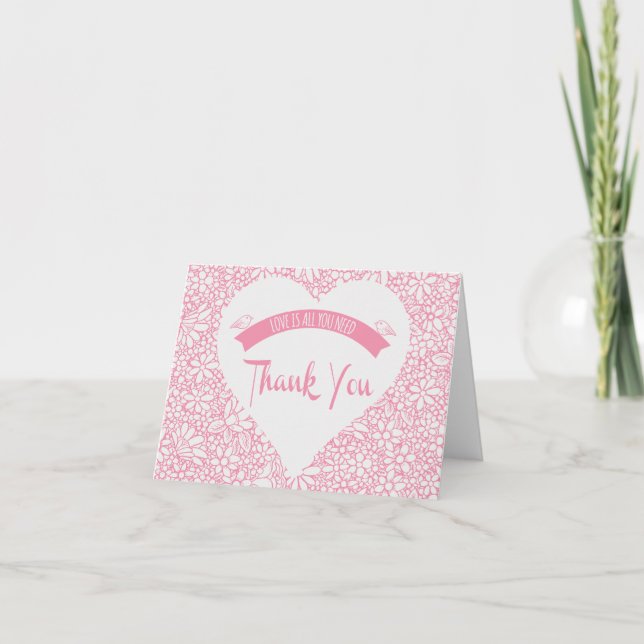 Floral Pink Thank You Heart Lovebirds Wedding Card (Front)