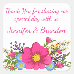 Floral Pink Thank You Watercolor Flower Wedding Square Sticker