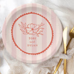 Floral Pink Tropical Stripe Wedding Paper Plate<br><div class="desc">Red line art flower illustration with red text and hand drawn scalloped border over light pink stripe background.</div>