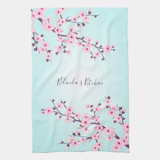 Floral Pink Turquoise Cherry Blossoms Personalise Tea Towel (Vertical)