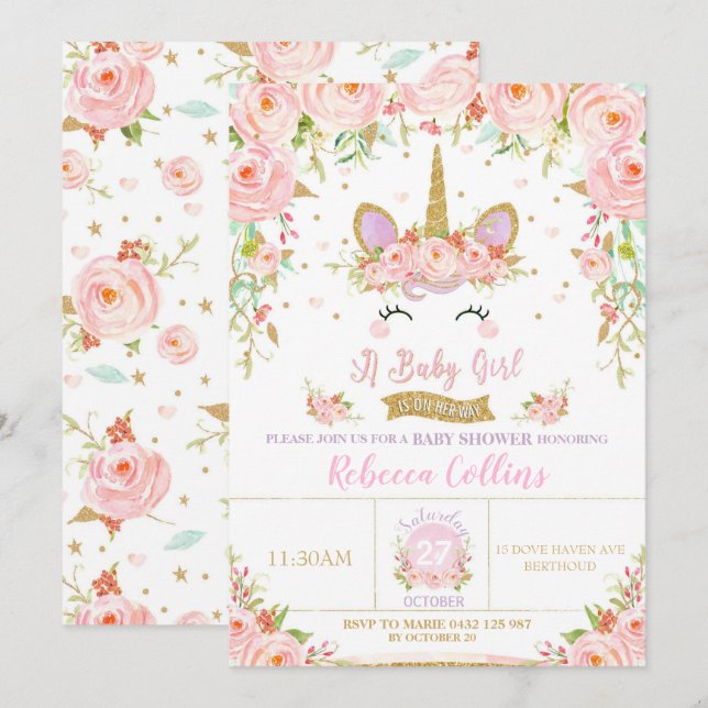 Floral Pink Unicorn Baby Shower Invitation Girl (Front/Back)