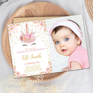 Floral Pink Unicorn Birthday Invitation with photo
