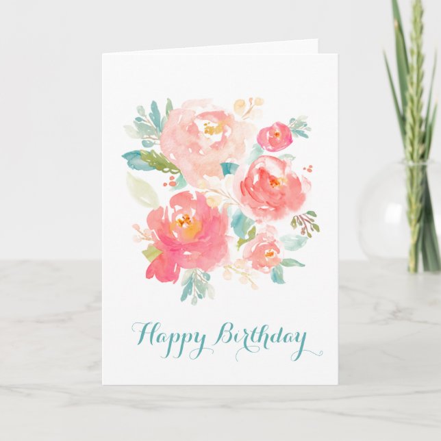 Floral Pink Watercolor Birthday Elegant Card (Front)