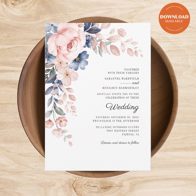 Floral Pink Watercolor Botanical Wedding Invitation (Blush Pink Floral Watercolor Script Wedding Invitation)