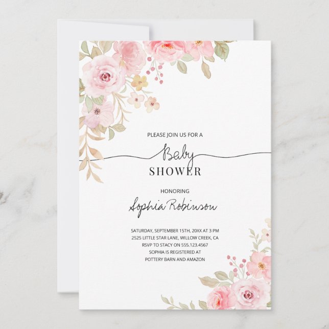Floral Pink Watercolor Girl Baby Shower Invitation (Front)
