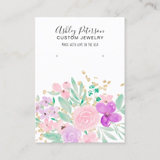 Floral pink watercolor jewelry earring display business card (Front)