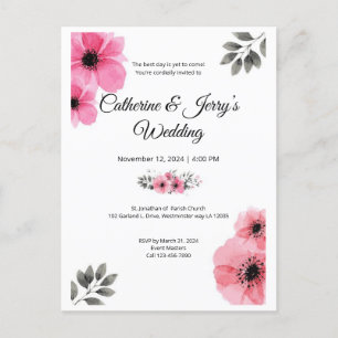 Floral pink watercolor wedding postcard