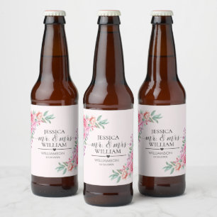 Floral Pink wedding Beer Bottle Label
