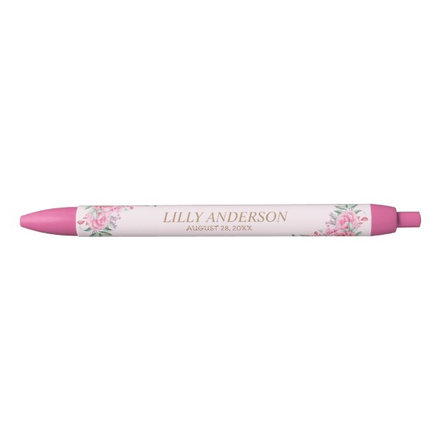 Floral Pink wedding   Black Ink Pen (Front)