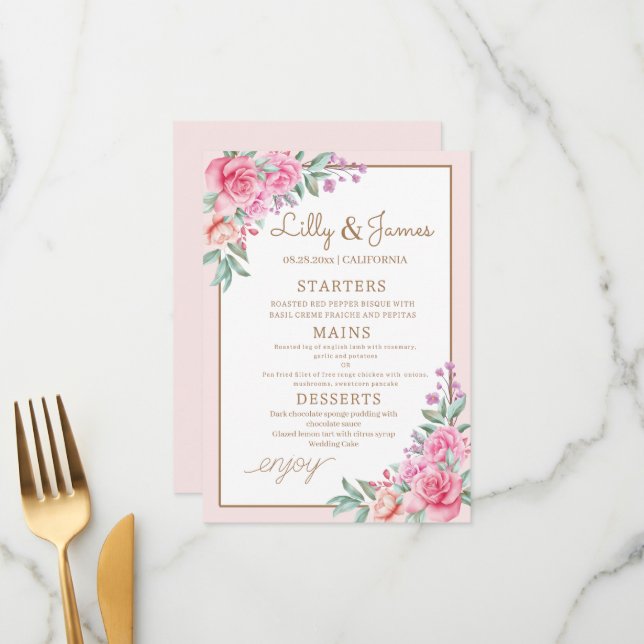 Floral Pink Wedding geometric Menu (Front/Back In Situ)