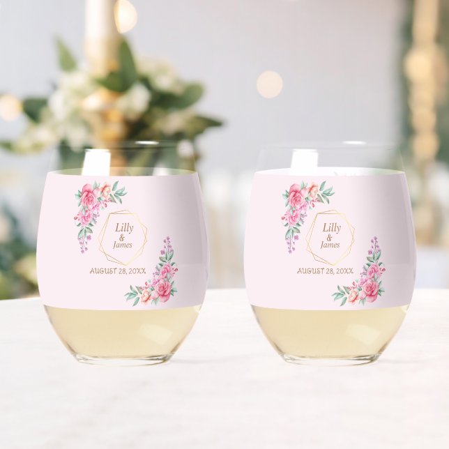 Floral Pink wedding  Stemless Wine Glass (Insitu (Wedding))