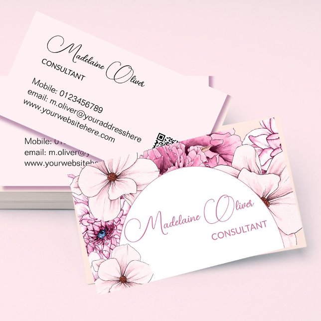 Floral Pink White Modern Elegant Feminine QR Code  Business Card (Creator Uploaded)
