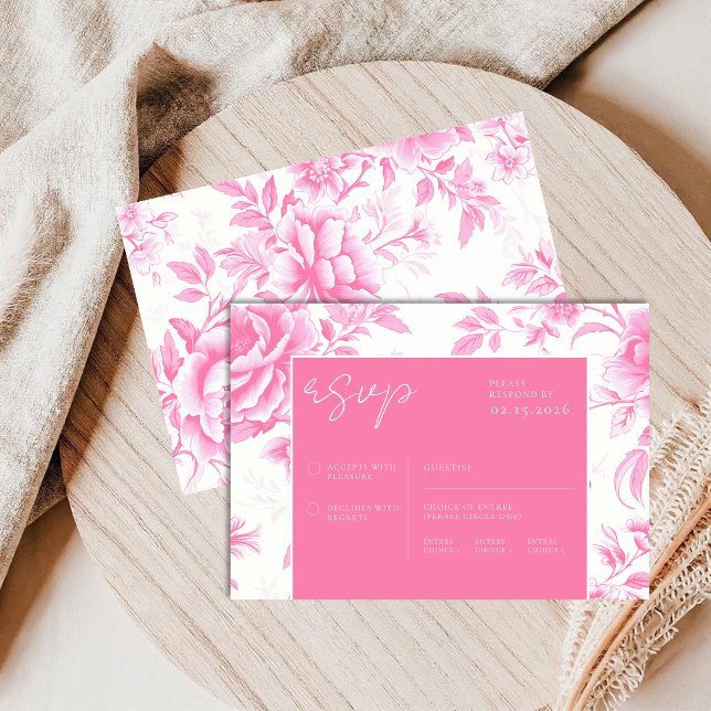 Floral Pink White Toile De Jouy RSVP Card (Creator Uploaded)