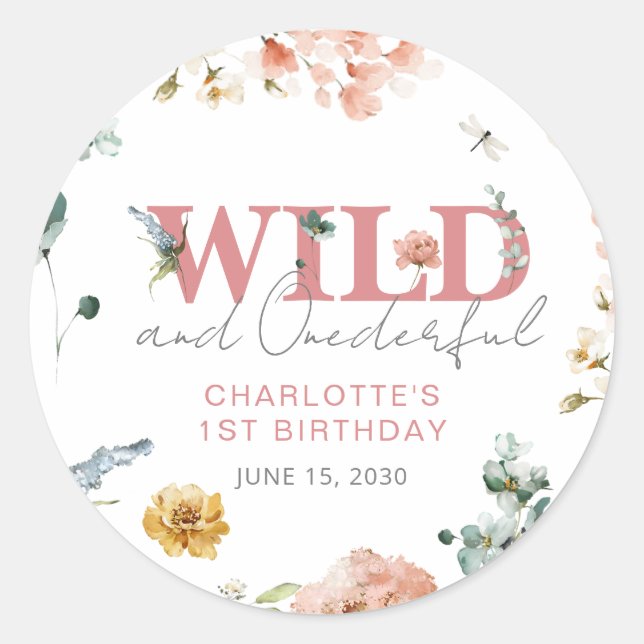 Floral Pink Wild & Onederful Girl 1st Birthday Classic Round Sticker (Front)