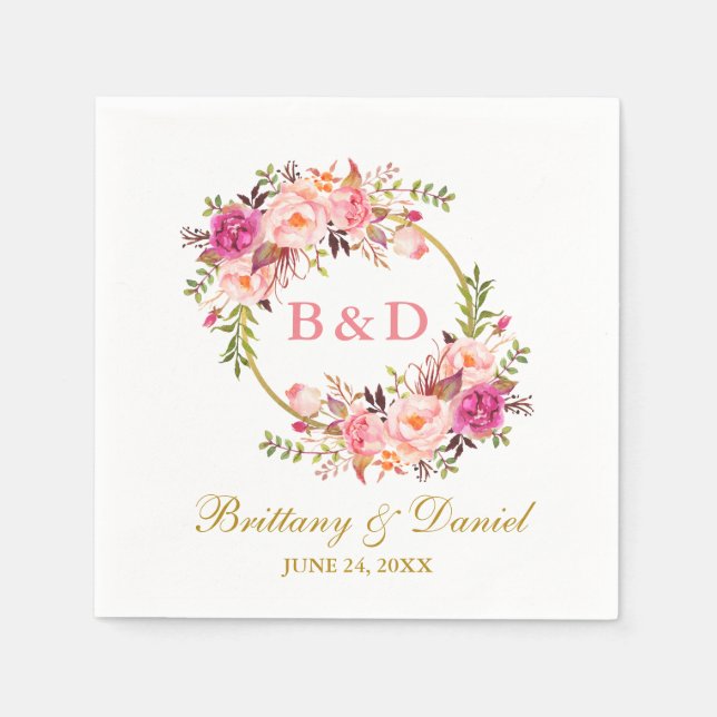 Floral Pink Wreath Gold Monogram Wedding Napkin (Front)